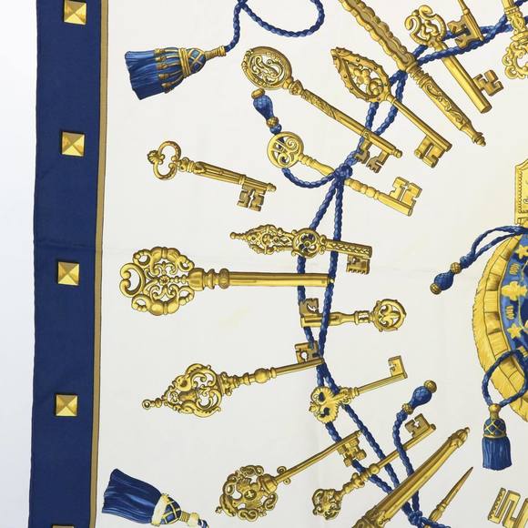 HERMES Carre 90 LES CLES Scarf Silk Navy Auth ki3742 - Picture 5 of 14